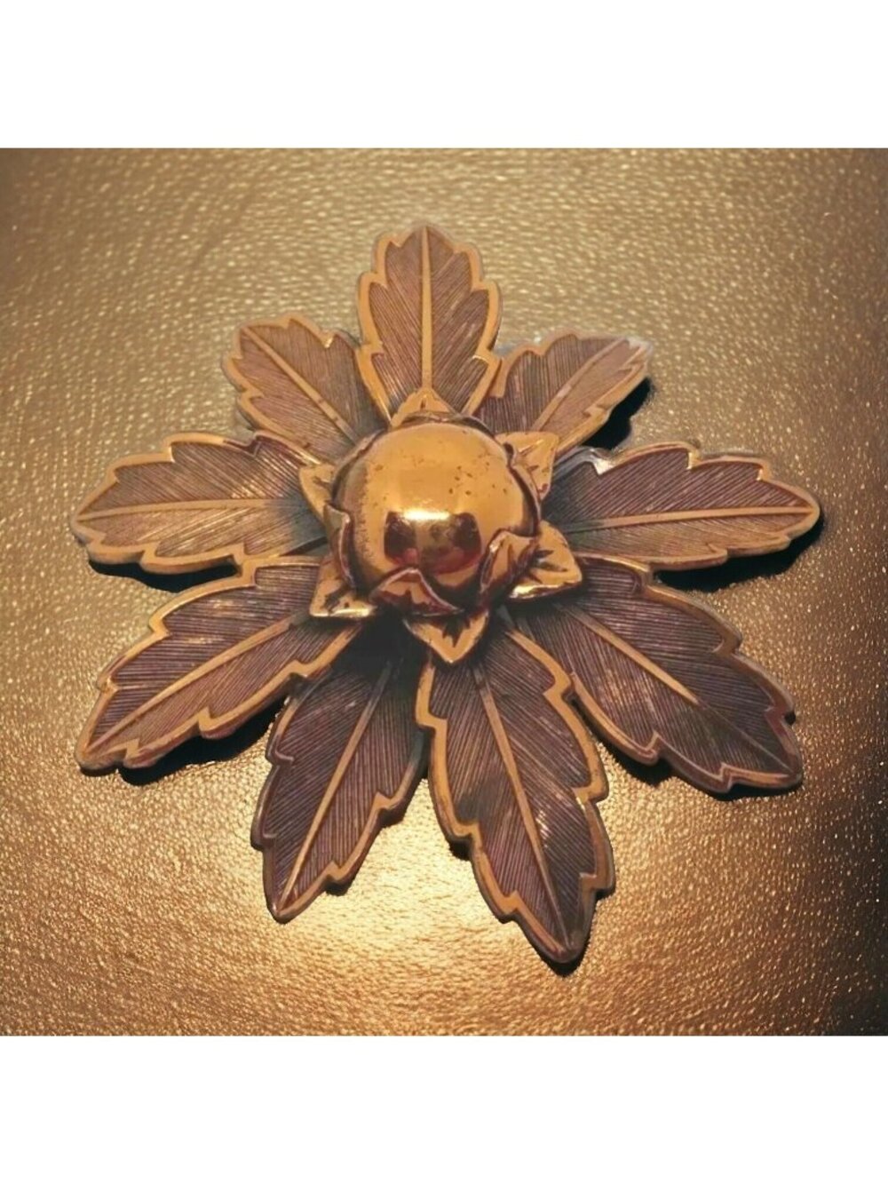 Signed Bell Solid Copper Flower Brooch Pin 9 petals 2.1" smooth and textured